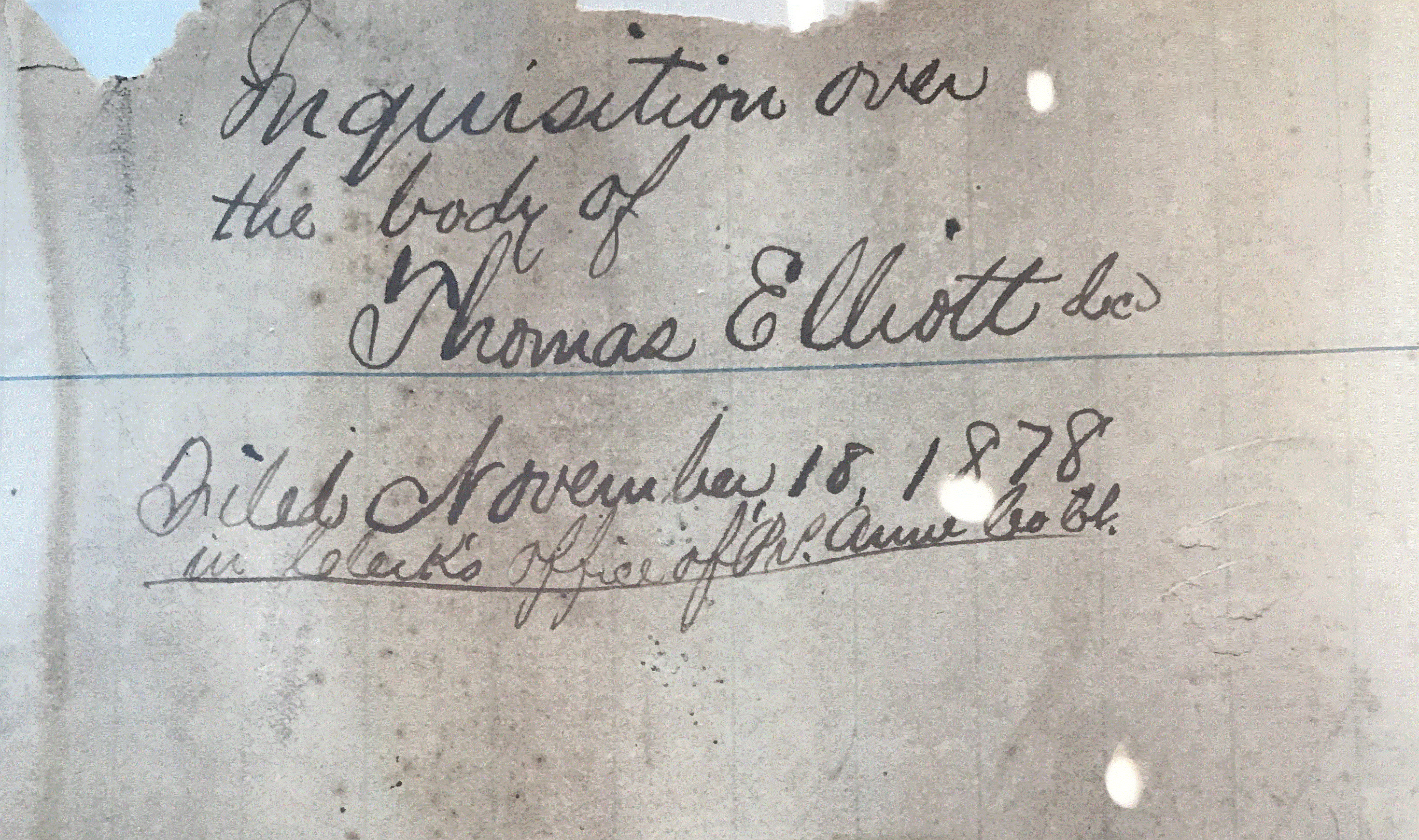 Photo by Paul Bibeau, WHRO. A page from the Princess Anne County coroner's inquisition in the death of Thomas Elliott. The documents are part of a collection of coroners' inquisitions at the Library of Virginia. The items were shipped to the library from the city of Virginia Beach. 