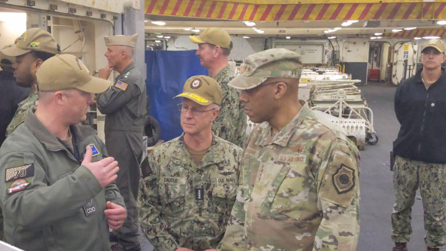 Gen. C.Q. Brown, chairman of the Joint Chiefs of Staff, and Adml. Daryl Caudle, head of Fleet Forces, tour the USS Ramage. Feb. 9, 2024. Department of Defense 