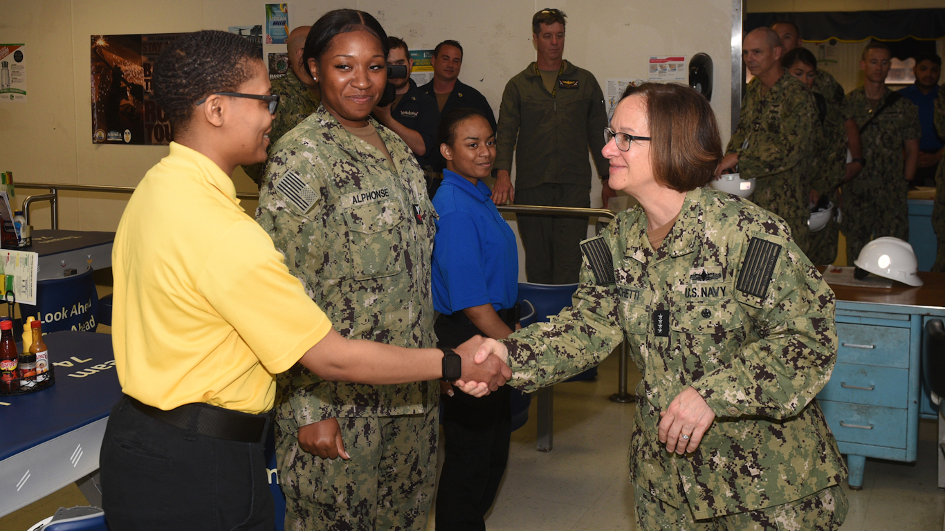 Vice CNO Adm. Lisa Franchetti on board the USS John C. Stennis as part of a visit to Navy facilities in Hampton Roads. May 23, 2023 (Department of Defense)
