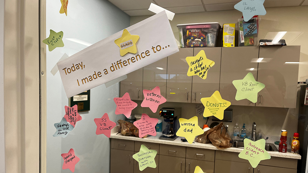 Photo by Ryan Murphy. The staff at Hampton Roads’ Housing Crisis Hotline list their wins on paper stars, a reminder that even though they can’t help most callers, they make a difference to those they do help.