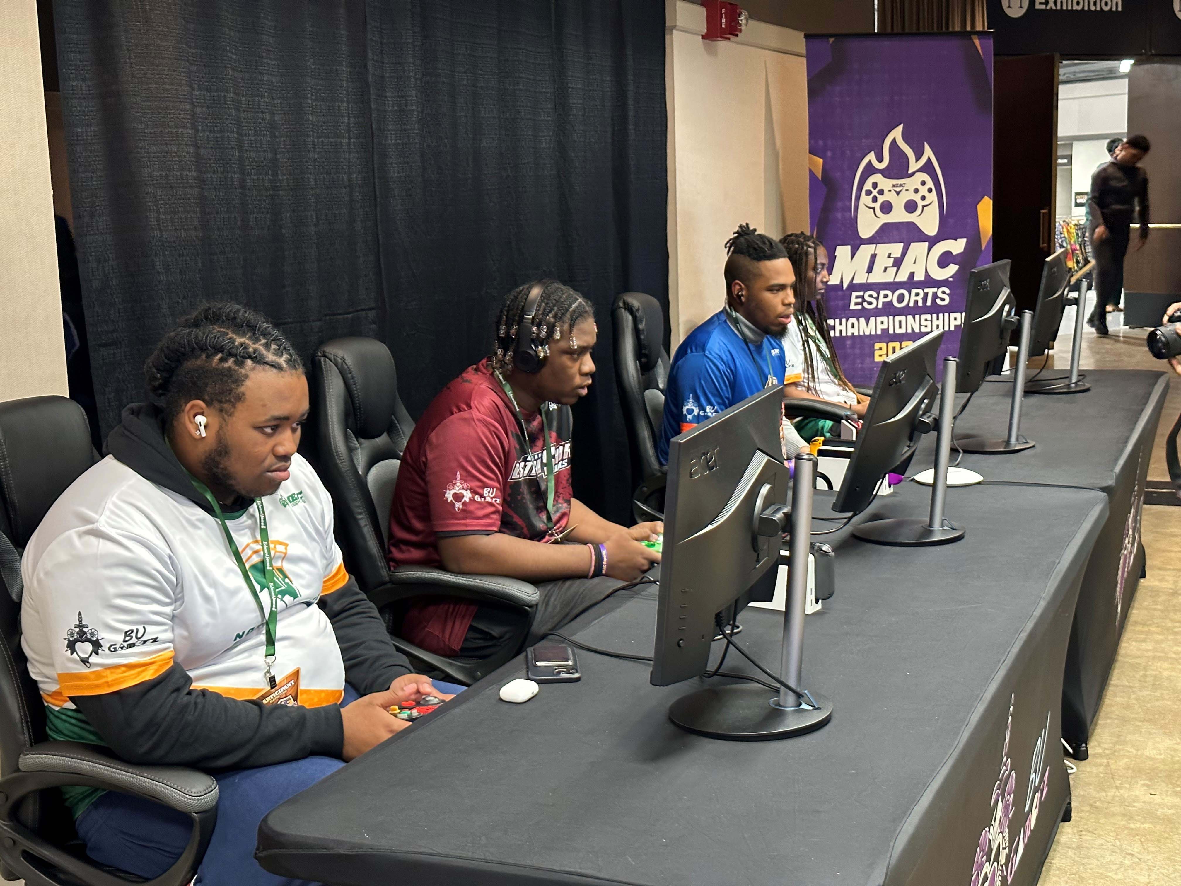 Byram Smithen (far left) and Jalon Nicholson (center-left) compete in the MEAC Super Smash Bros. Tournament at Norfolk Scope Arena. (Image: Connor Worley)
