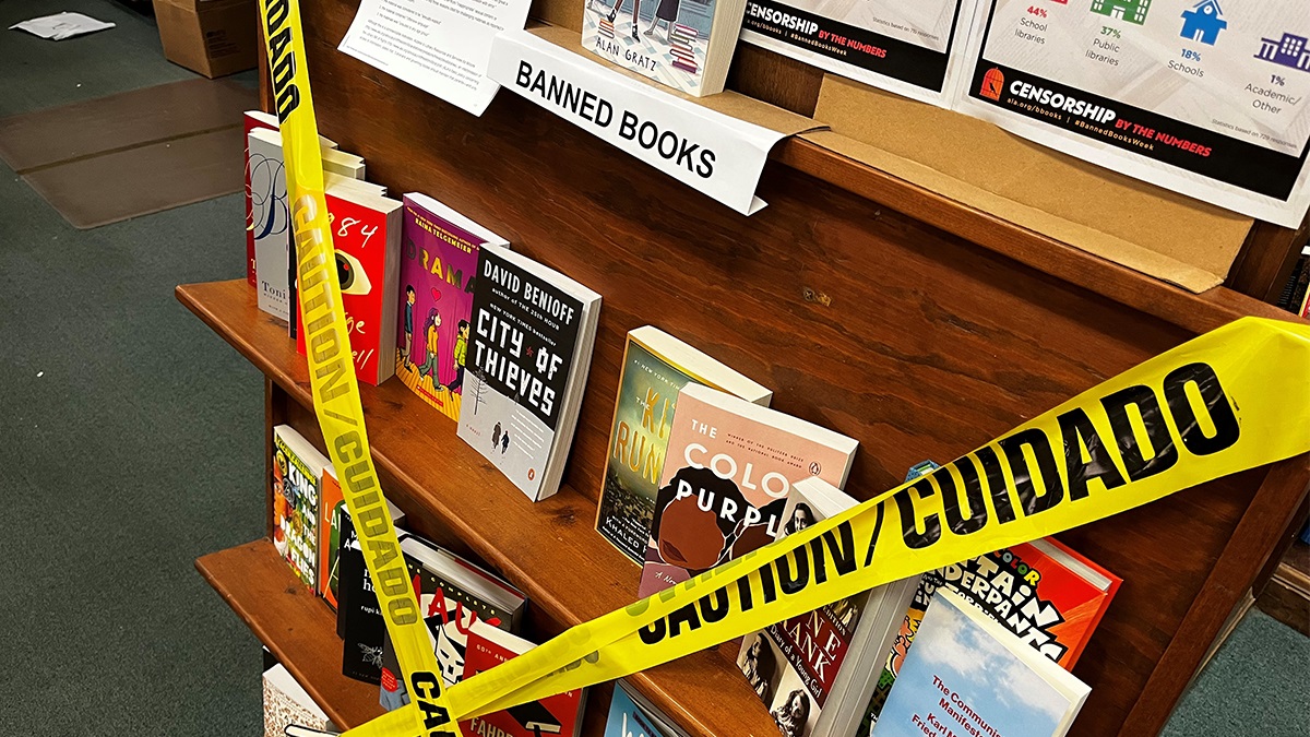 The banned books display at Prince Books, as seen on Aug. 25, 2022. The bookstore had joined filings pushing back against the restriction of book sales to minors. (Photo by Ryan Murphy)