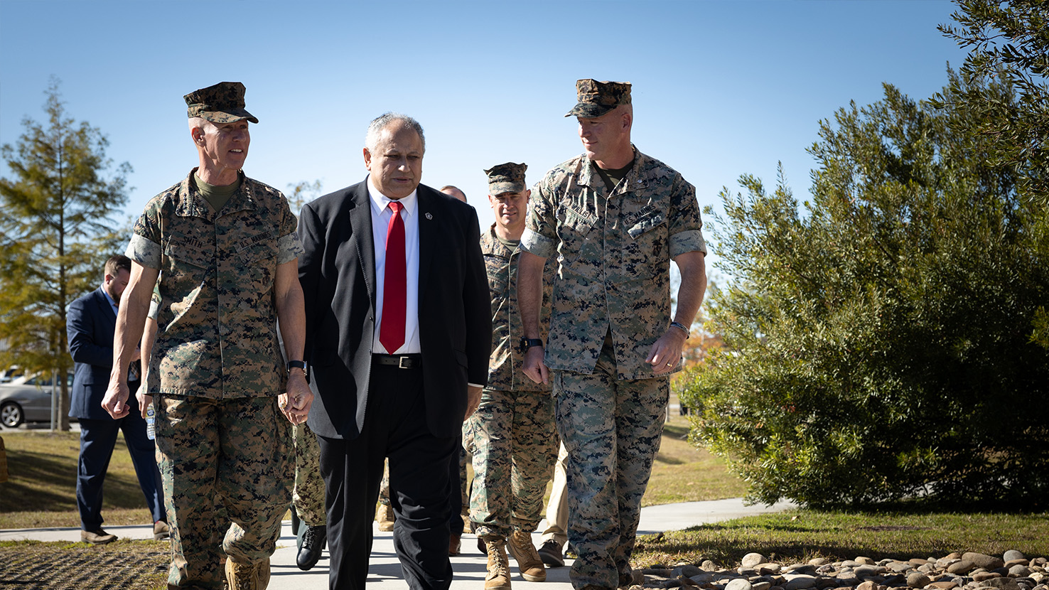 Commandant of the Marine Corps, Gen. Eric M. Smith, left, Secretary of the Navy Carlos Del Toro, center, and Lt. Col. William Willis at Camp LeJeune, North Carolina. Oct. 23, 2023. Photo by Department of Defense 