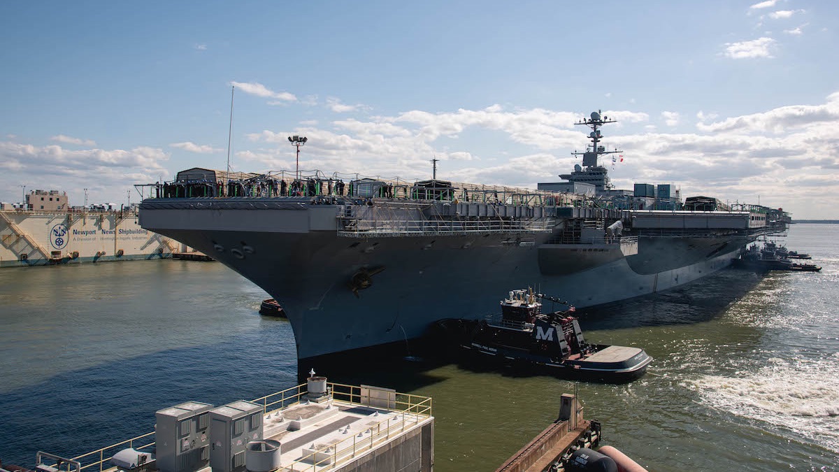 Photo by Ashley Cowan/Huntington Ingalls. USS John C. Stennis arrived at the Huntington Ingalls Newport News Shipbuilding division on May 6, 2021.