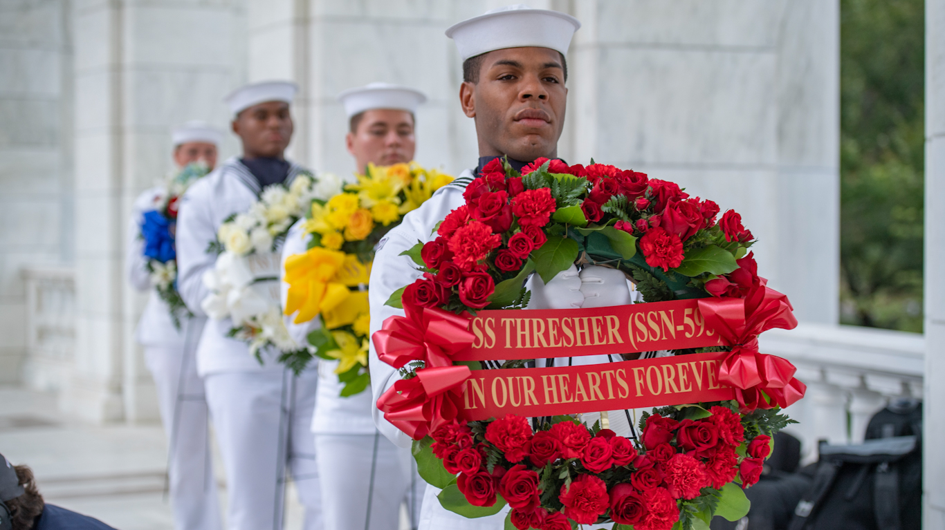 Sailors lay a wreath as part of the USS Thresher National Commemorative Monument Dedication Ceremony at Arlington National Cemetery, Arlington, Virginia, Sept. 26, 2019. Department of Defense