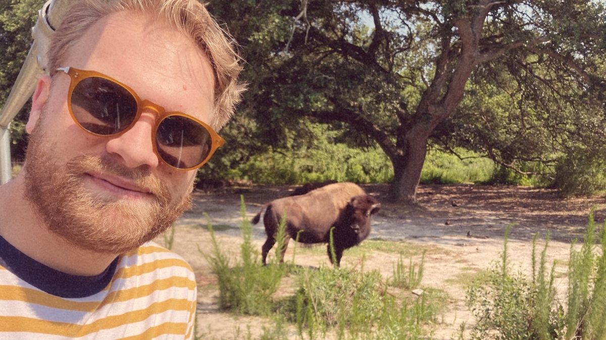 Photo courtesy of Ben Hardesty. Last Bison lead singer Ben Hardesty meets Lily, a 23-year-old American bison, ahead of the band‘s concert at the Virginia Zoo.