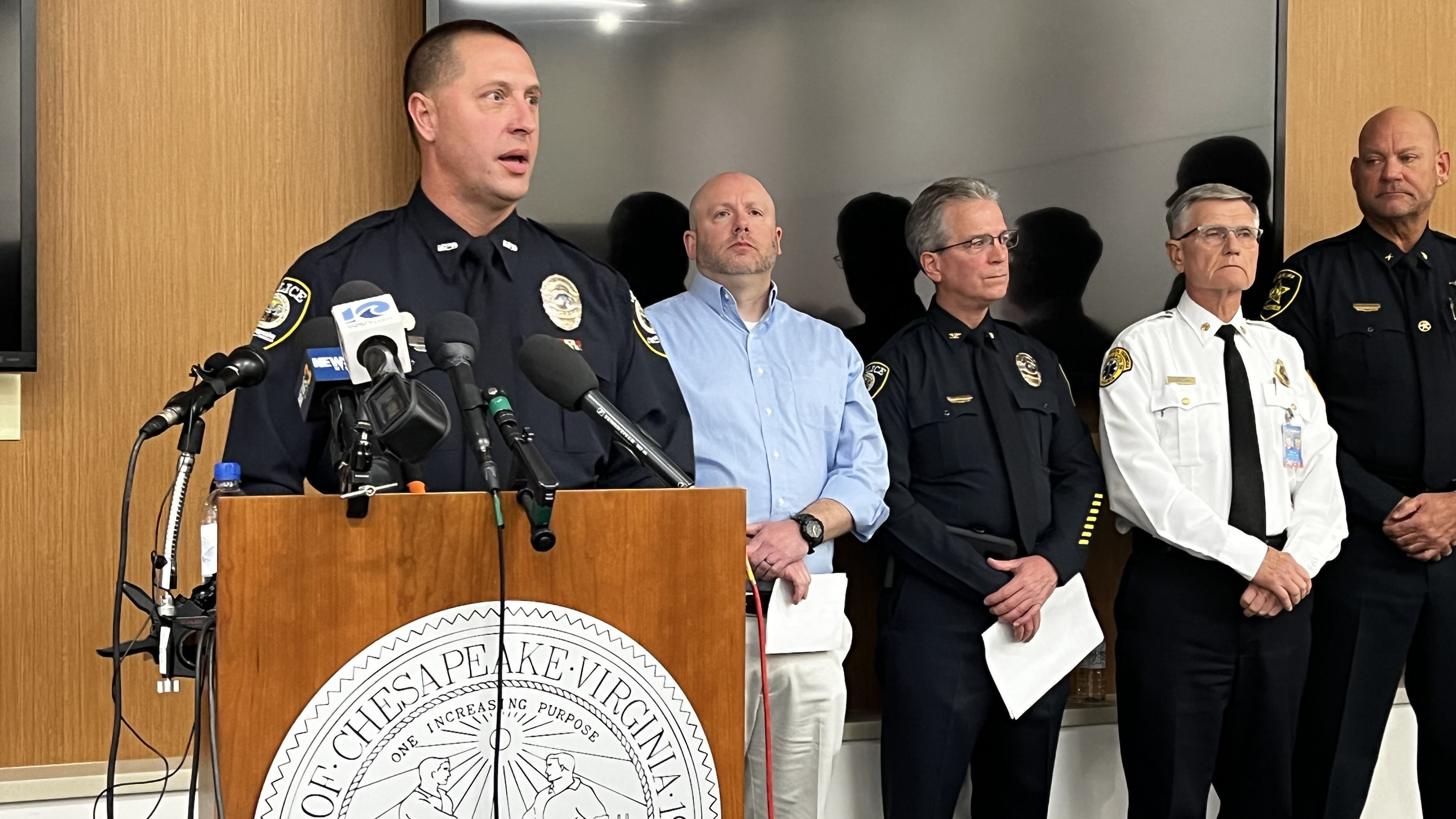 Photo by Ryan Murphy. Chesapeake officials hold a press conference on Wednesday, Nov. 23 to discuss a mass shooting at the Sam’s Circle Walmart the night before. 