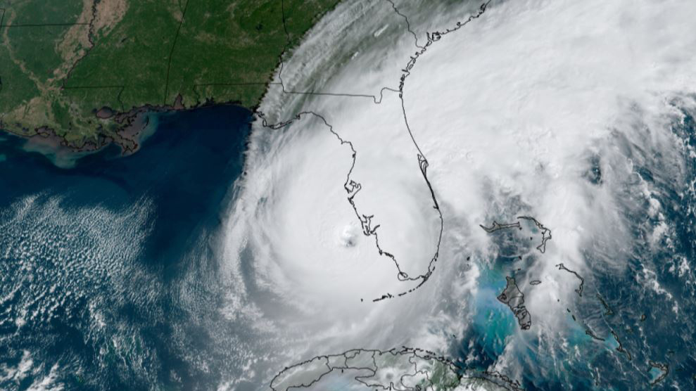 A satellite image from the National Oceanic and Atmospheric Administration of Hurricane Ian making landfall in Florida last fall.