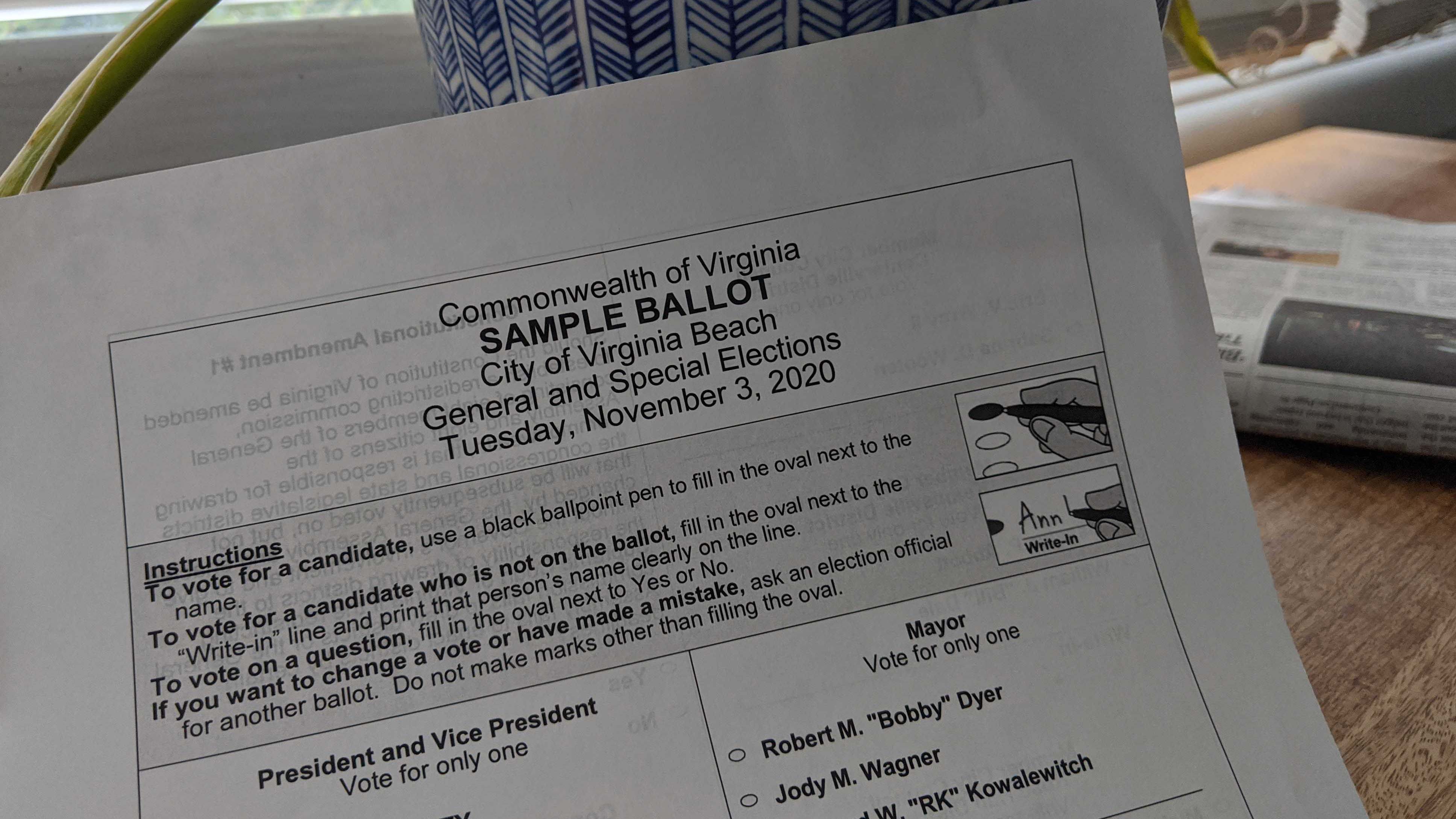 Photo by Rebecca Feldhaus Adams, WHRO. Voters in Virginia are not required to have a witness to their mail-in ballot. But, voters do have to provide their own signature.