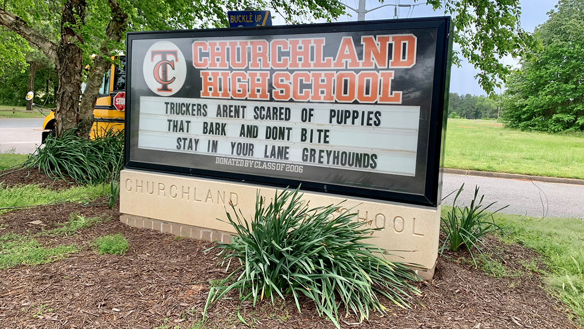 Photo by Mechelle Hankerson. Churchland High School in Portsmouth started a marquee war with other schools after a year of not seeing each other in person.