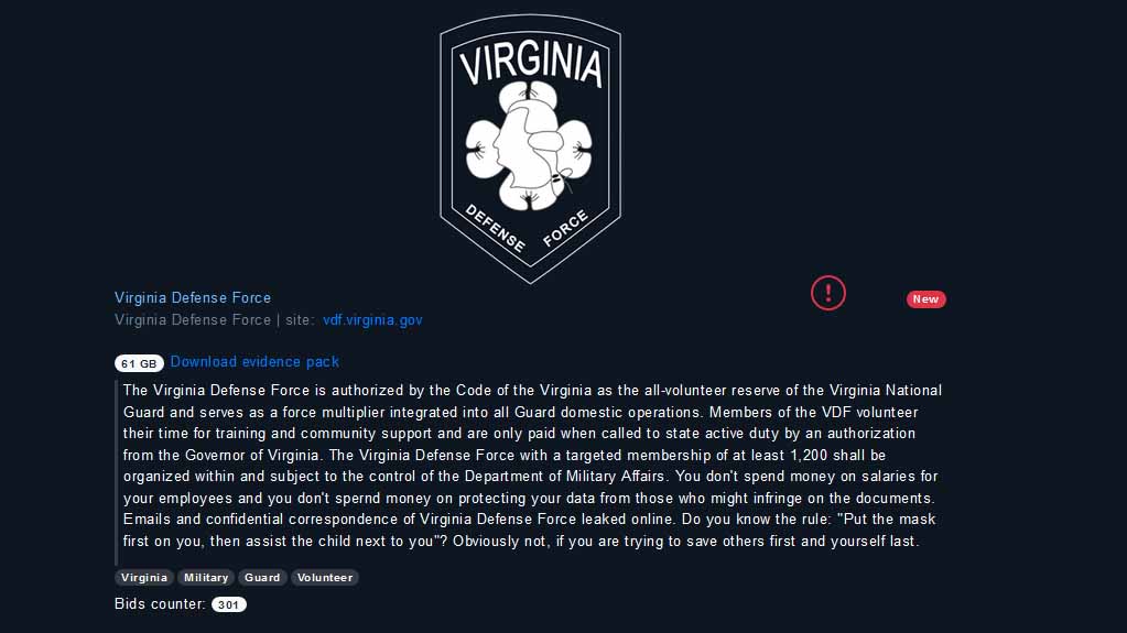 Emails from the Virginia Defense Force were for sale on the dark web as late as Wednesday.