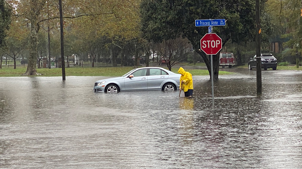 Photo by Sam Turken/WHRO. Rainwater flooded streets in Norfolk Thursday. One man tried to clear debris and leaves from storm water drains. 