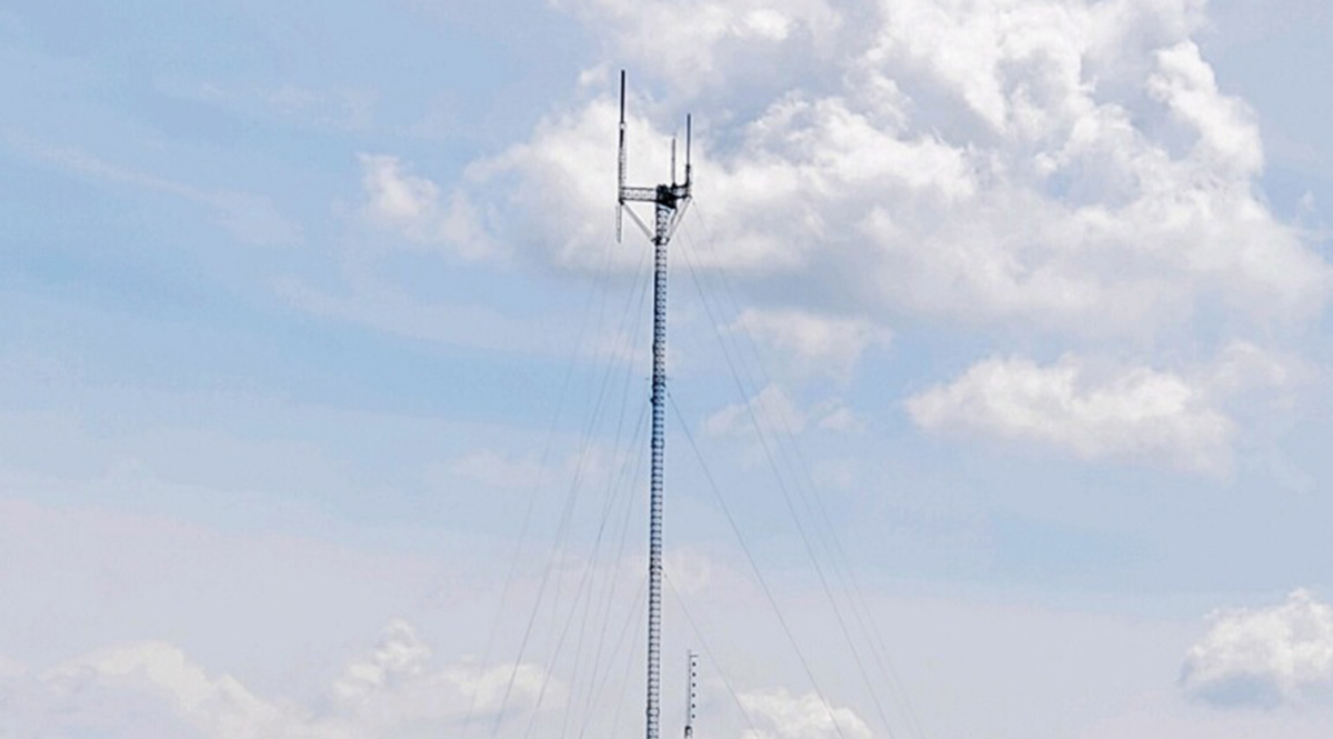 Photo by WHRO. The WHRO TV tower in Suffolk stands 1,265 feet tall. A helicopter made working on it much easier. 