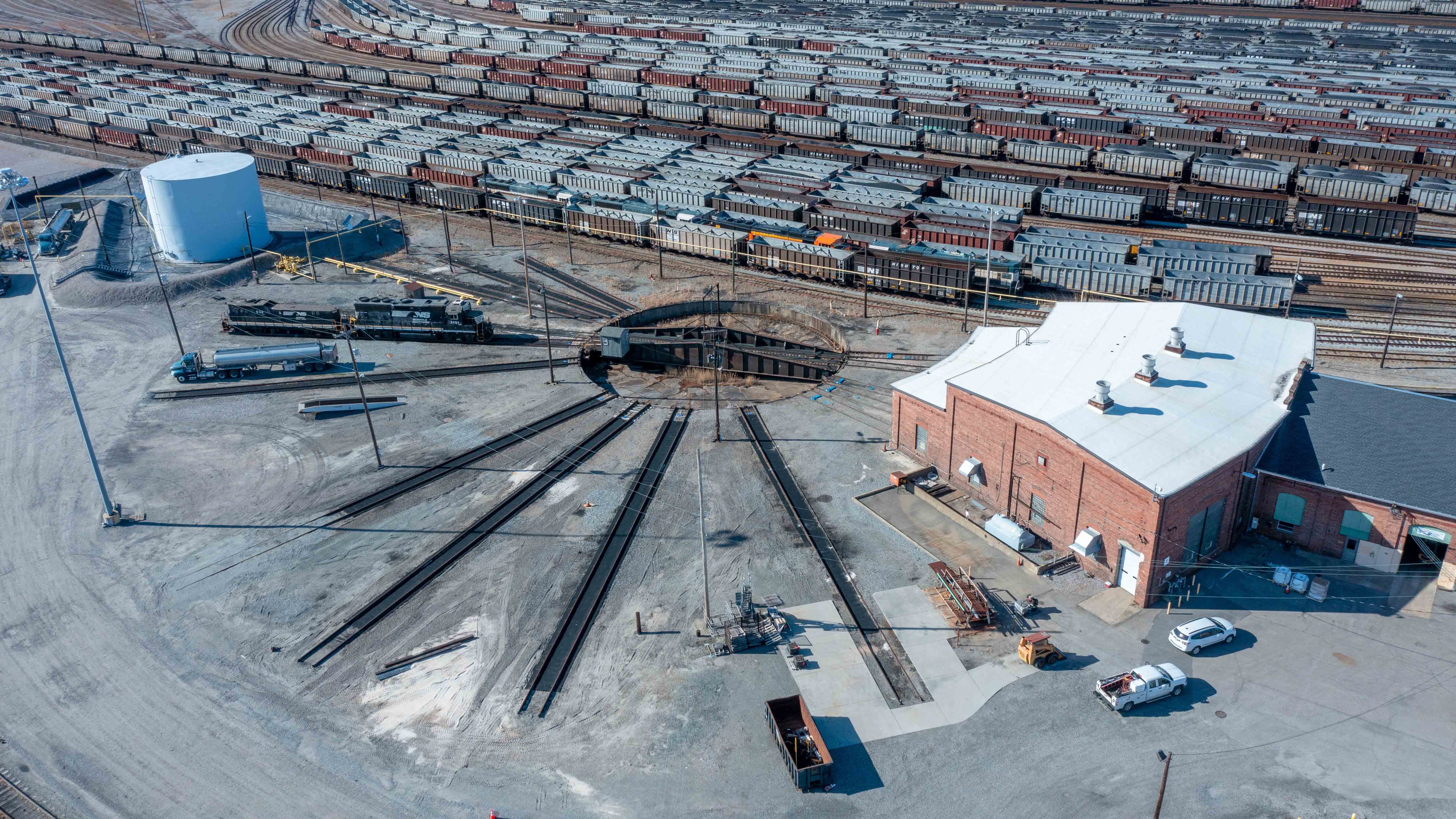 An aerial view of the Norfolk Southern rail yard at Lambert’s Point in March 2022. (Image: Kyle Little via Shutterstock)