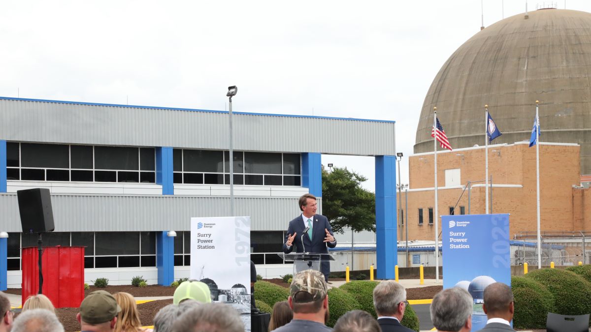 Gov. Glenn Youngkin spoke about Virginia’s nuclear energy future at a celebration of the Surry County nuclear power plant. (Image: Laura Philion)