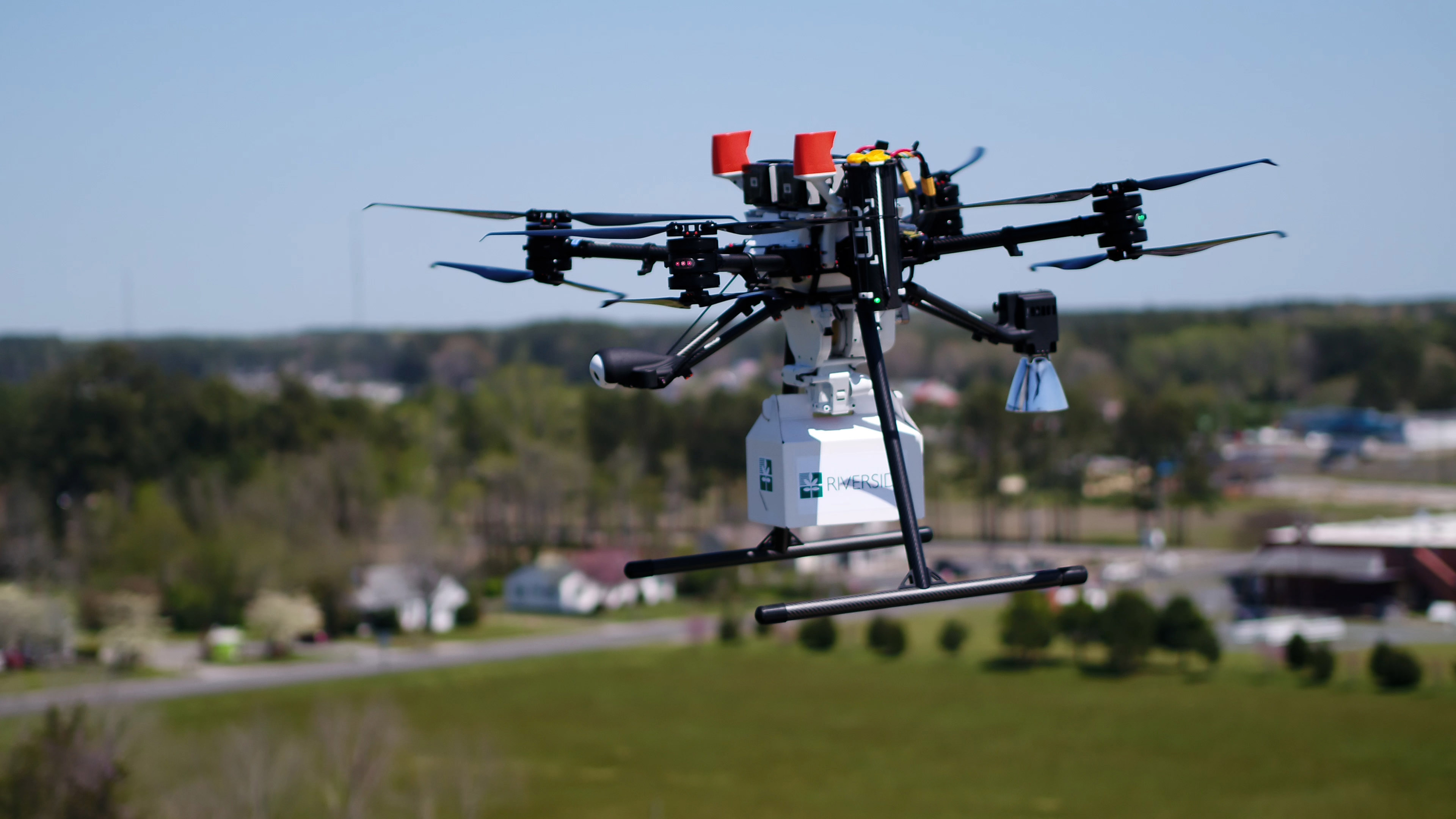 A drone carries a package from Riverside Shore Memorial Hospital in Onancock. (Image courtesy of Riverside Health)