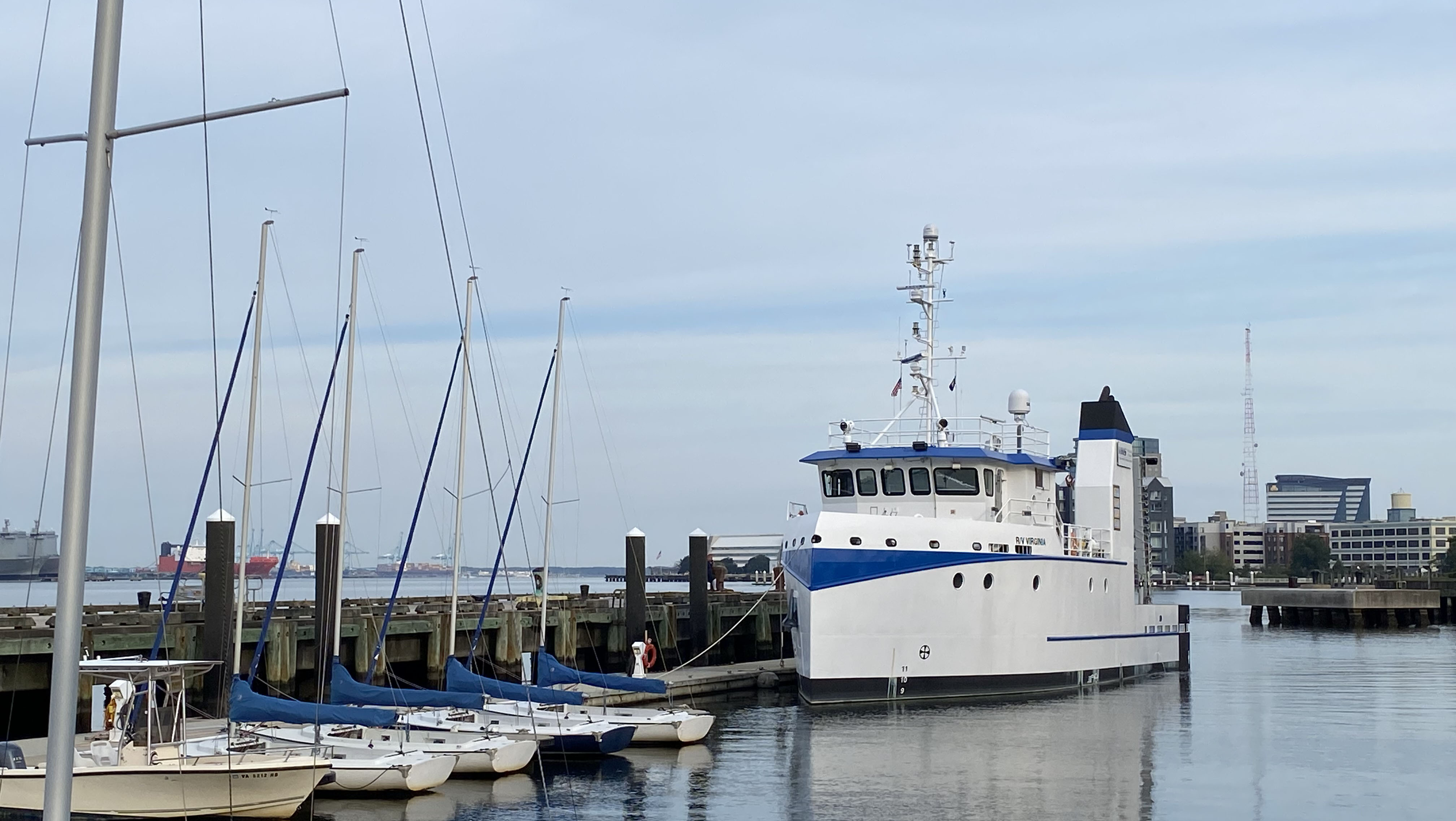 The VIMS research vessel, called the R/V Virginia, docked at Nauticus in Norfolk on Thursday, Sept. 21. (Photo by Katherine Hafner)