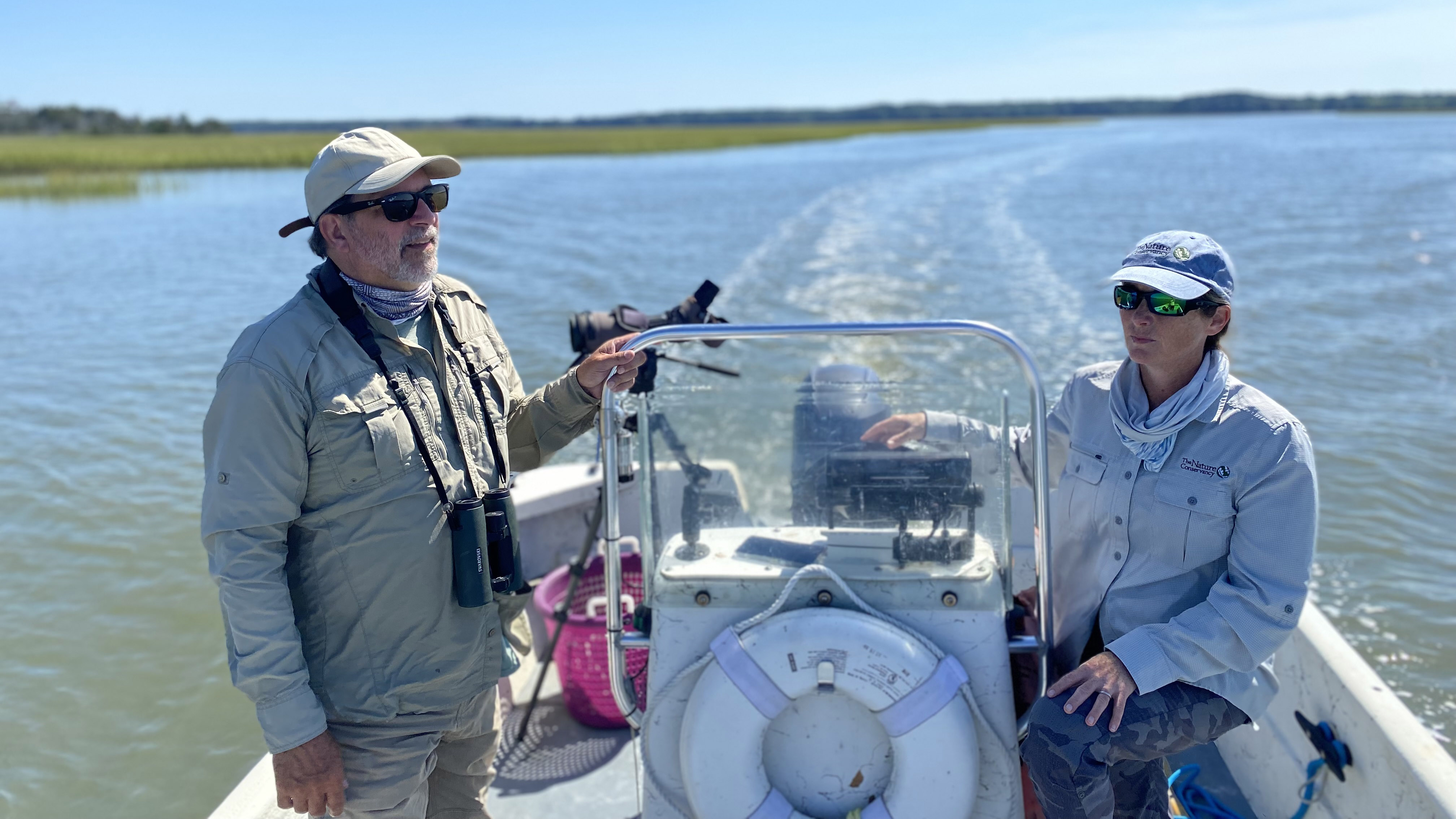 Bryan Watts, of William & Mary, and Alex Wilke, of the Nature Conservancy, off Willis Wharf on the Eastern Shore on Thursday, Sept. 1, 2022.